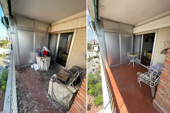 excrementos de palomas en balcón y limpieza realizada