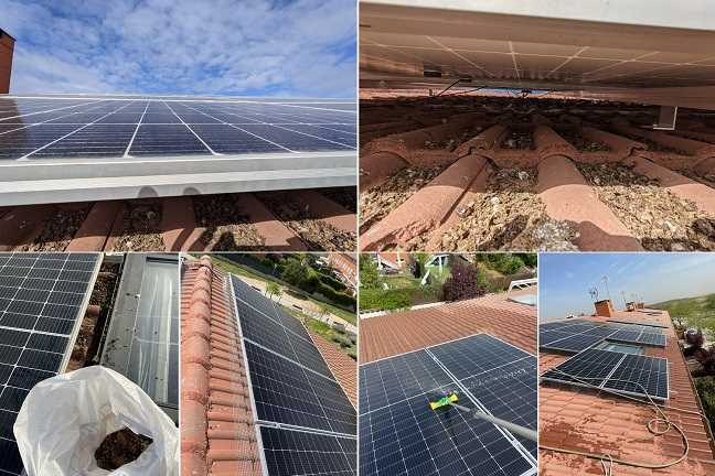 Limpieza de excrementos   de palomas e instalación de mallas metálicas bajo las placas solares